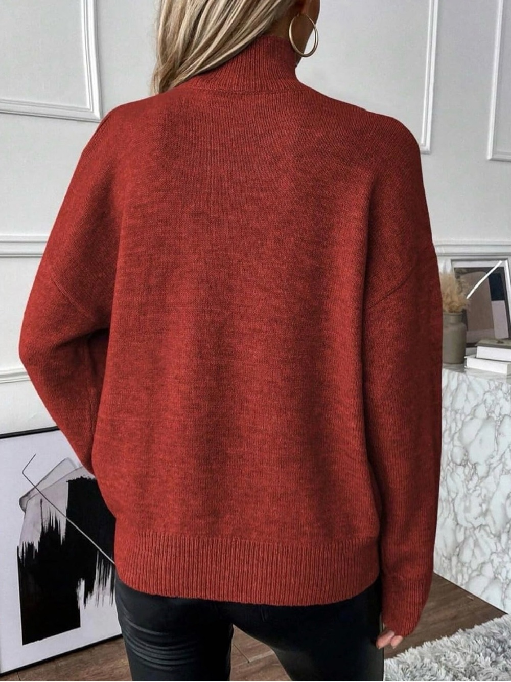 Cold-Shoulder Ribbed Turtleneck Sweater - Rust - Picture 2 of 3